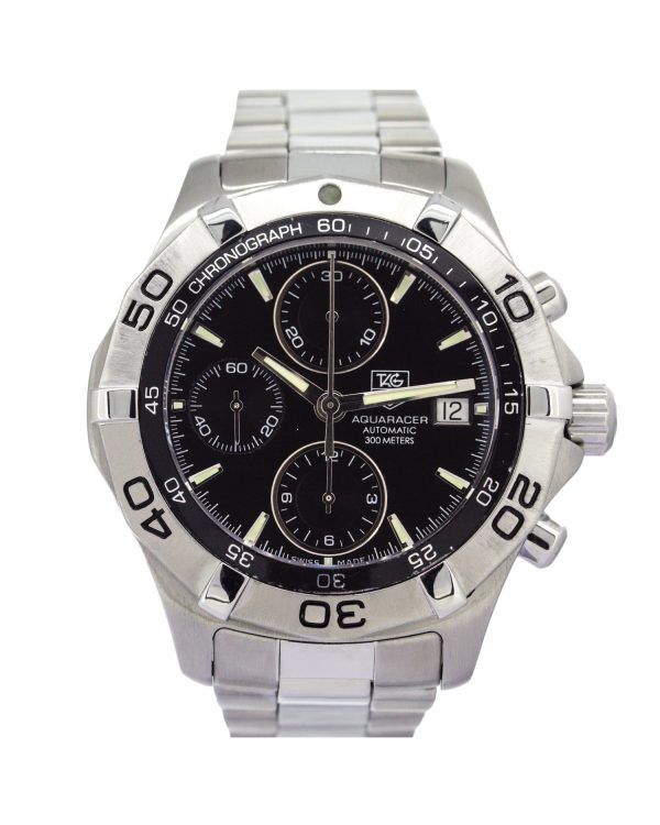 Tag Heuer Aquaracer CAF2110 watch with a black dial and stainless steel bracelet.