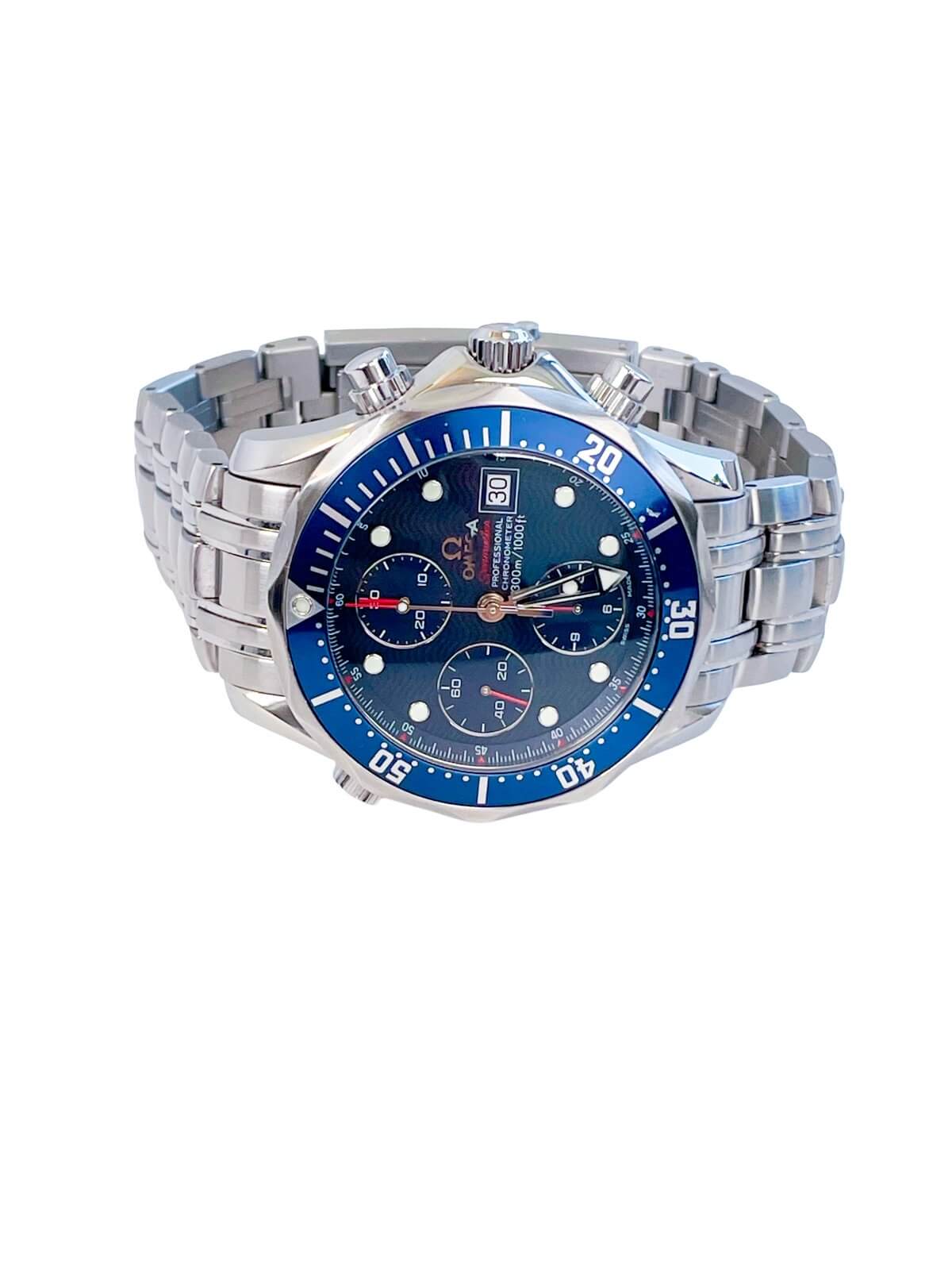 Omega seamaster men's watch with a black dial and blue bezel