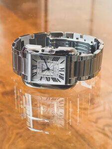 Cartier Tank Anglaise 3511, Cartier Tank Anglaise 3511 30mm x 39mm men's stainless steel watch with a sliver dial.