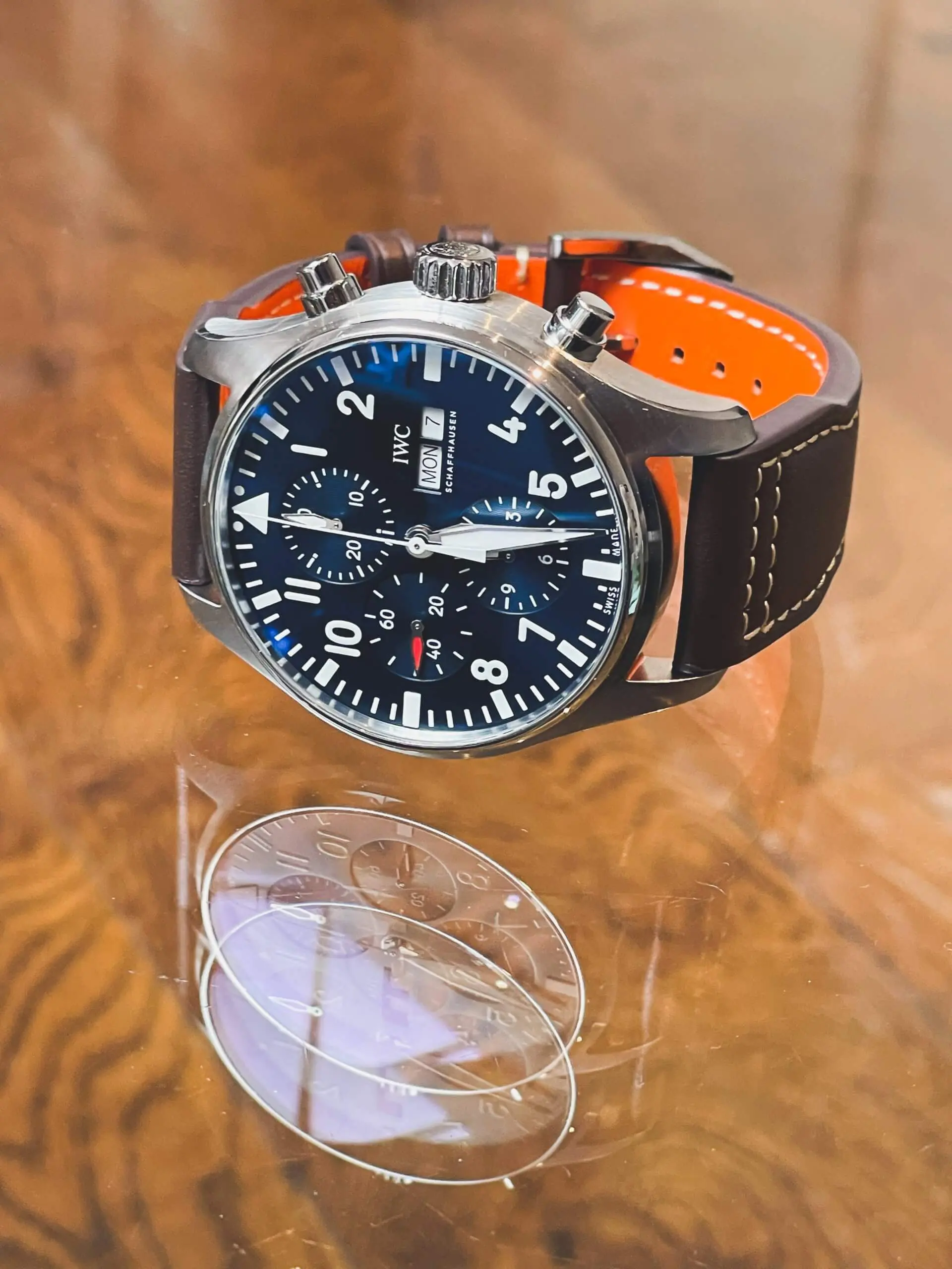 IWC Pilot Chronograph IW377714 43mm IWC Pilot Chronograph IW377714 43mm mens watch with a blue dial and brown leather strap.