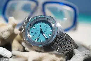 Doxa Sub 300 Aquamarine men's watch with an aqua blue dial.