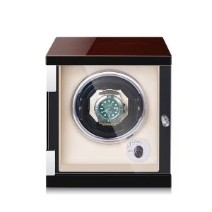 Multi function Watch Winder for Automatic Watches with cream interior, black and redwood frame, led light.