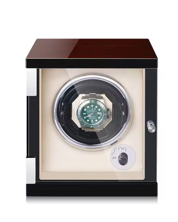 Multi function Watch Winder for Automatic Watches with cream interior, black and redwood frame, led light.