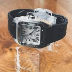 Cartier Santos 100 W20073XB 38mm Automatic watch with a white dial and bLack leather strap.
