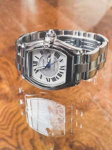 Cartier Roadster 2510 Men's watch with a silver dial and stainless steel strap.