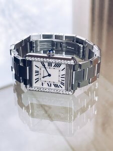Cartier Tank Solo 3170 Diamond ladies watch with a silver dial, stainless steel case and bracelet,