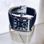 Cartier Tank MC W5330004 3589 men's watch with a black dial, black crocodile leather strap and stainless steel case.