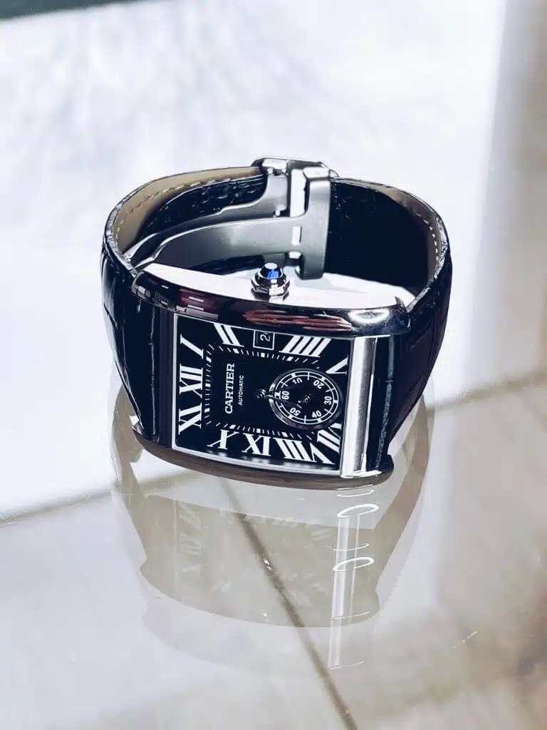 Cartier Tank MC W5330004 3589 men's watch with a black dial, black crocodile leather strap and stainless steel case.