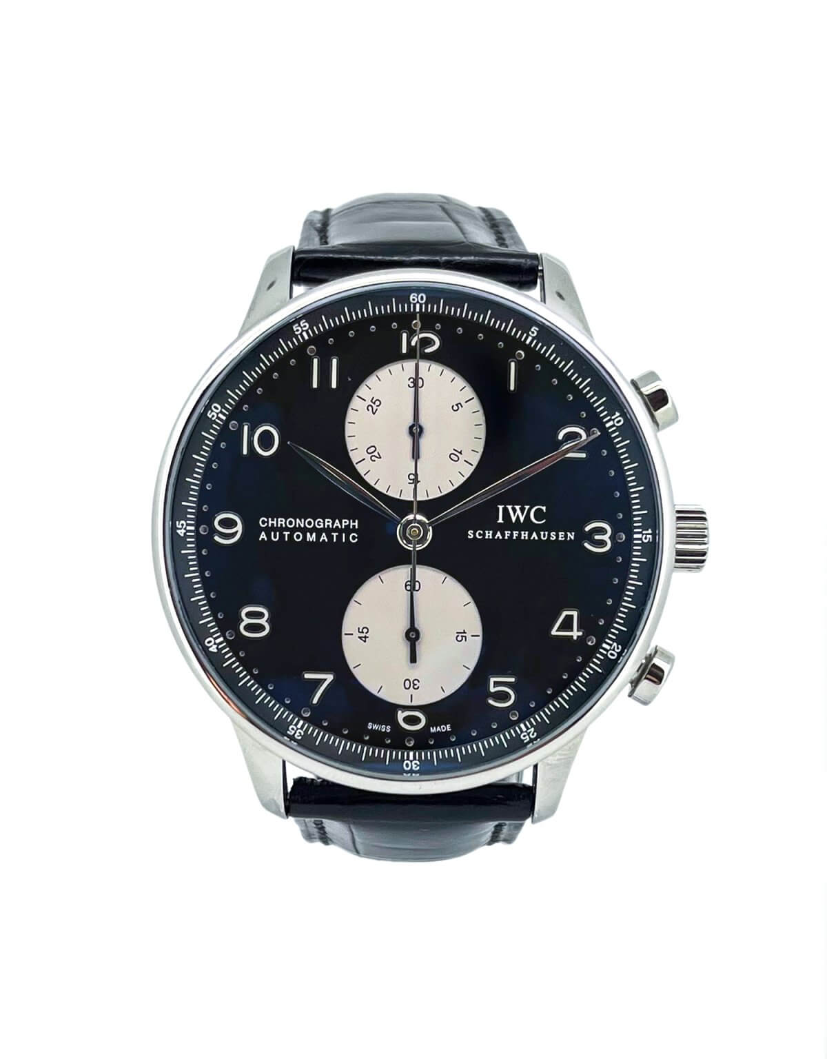 IWC Portuguese Chronograph 41mm Men's Watch with a black dial dial and black leather strap.