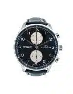 IWC Portuguese Chronograph 41mm Men's Watch with a black dial dial and black leather strap.