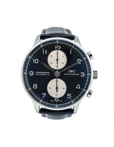 IWC Portuguese Chronograph 41mm Men's Watch with a black dial dial and black leather strap.