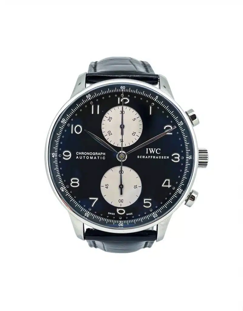 IWC Portuguese Chronograph 41mm Men's Watch with a black dial dial and black leather strap.
