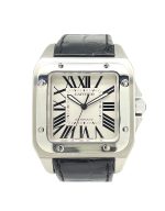 Cartier Santos 100 W20073X8 with a white dial and black crocodile leather strap.