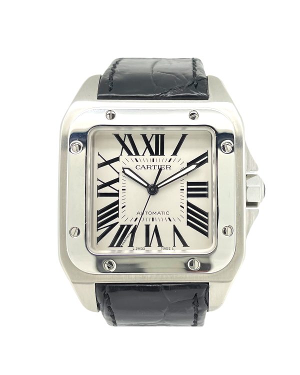 Cartier Santos 100 W20073X8 with a white dial and black crocodile leather strap.