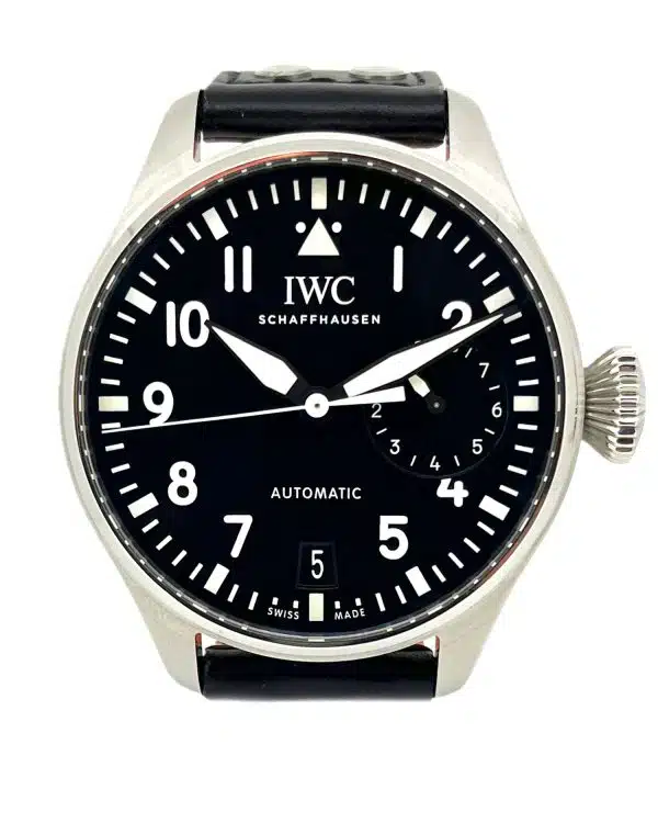 IWC Big Pilot IW500912 46mm Men's Watch with a black dial and black leather strap.