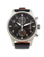 IWC Pilot Spitfire Chronograph IW387802 with a slate grey dial and black leather strap.