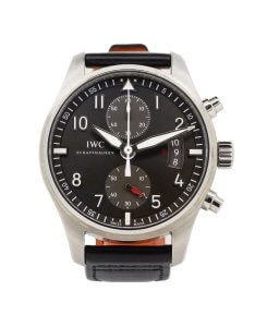 IWC Pilot Spitfire Chronograph IW387802 with a slate grey dial and black leather strap.