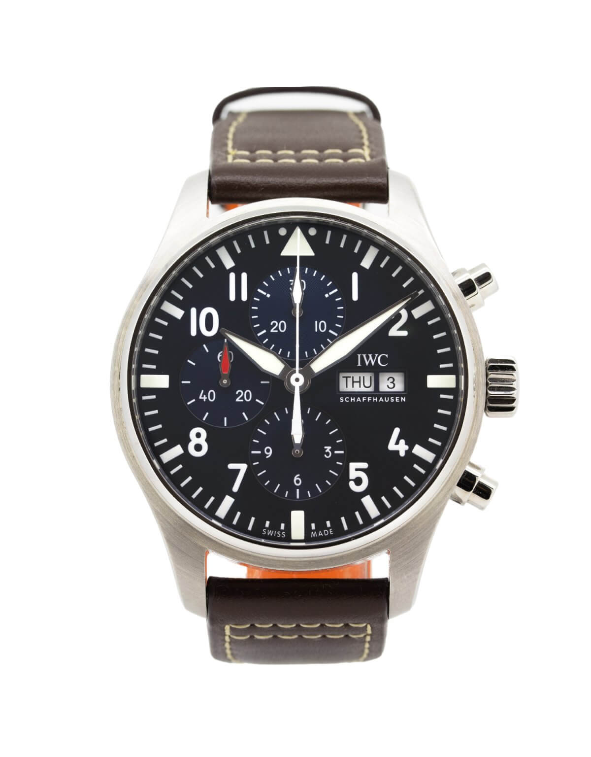 IWC Pilot Chronograph IW377714 43mm mens watch with a blue dial and brown leather strap.