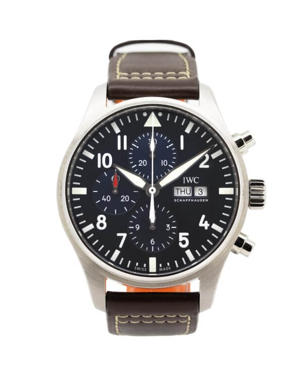 IWC Pilot Chronograph IW377714 43mm mens watch with a blue dial and brown leather strap.