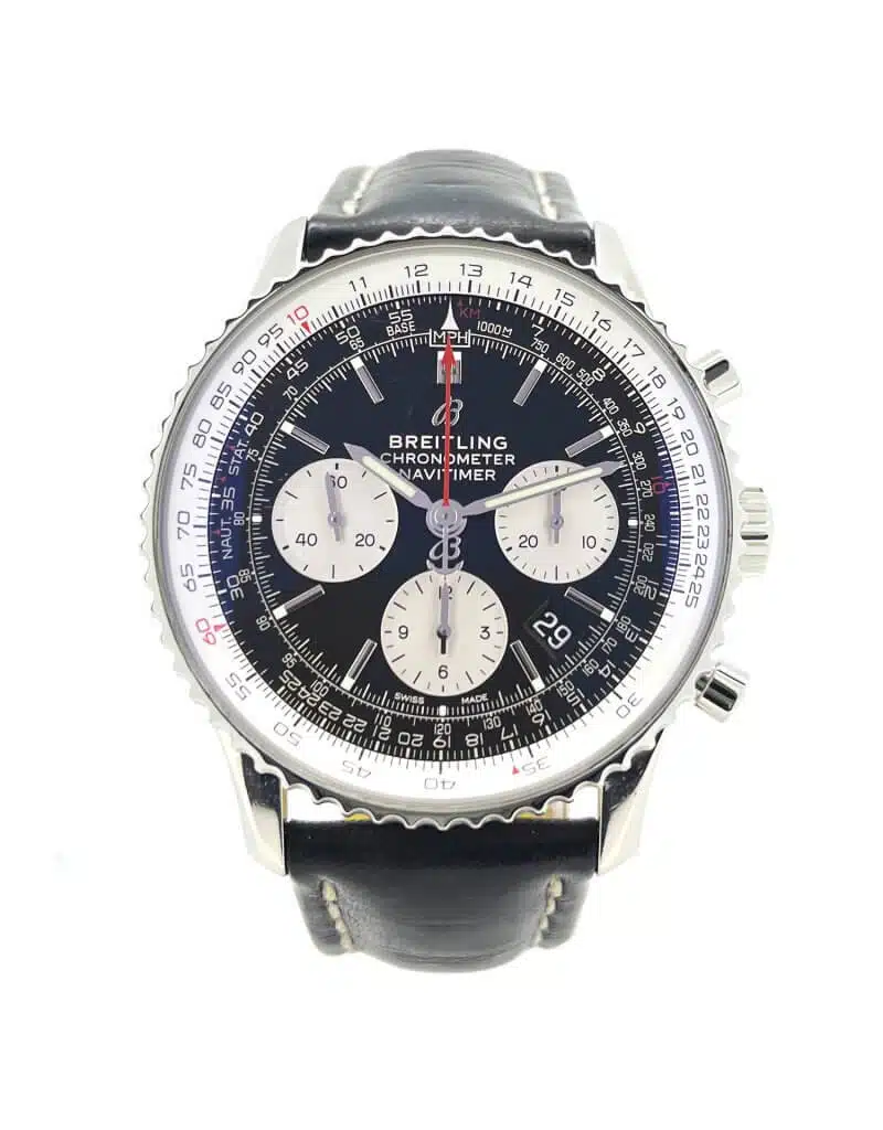 Breitling Navitimer AB0121 43mm men's watch with a black dial, calfskin leather black strap.