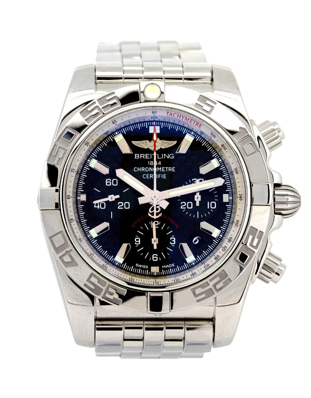 Breitling Chronomat AB011012 mens' watch with a black dial, polished case and complete with box and papers.