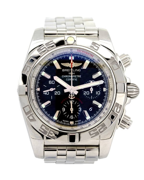 Breitling Chronomat AB011012 mens' watch with a black dial, polished case and complete with box and papers.