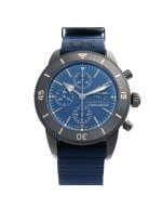 Breitling Superocean Heritage M13313 Outerknown men's watch with a blue dial, black dlc coated case and a blue nato strap.