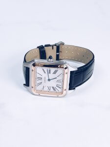 Cartier Santos Dumont W2SA0011 unisex watch, steel and rose gold with a black crocodile strap.