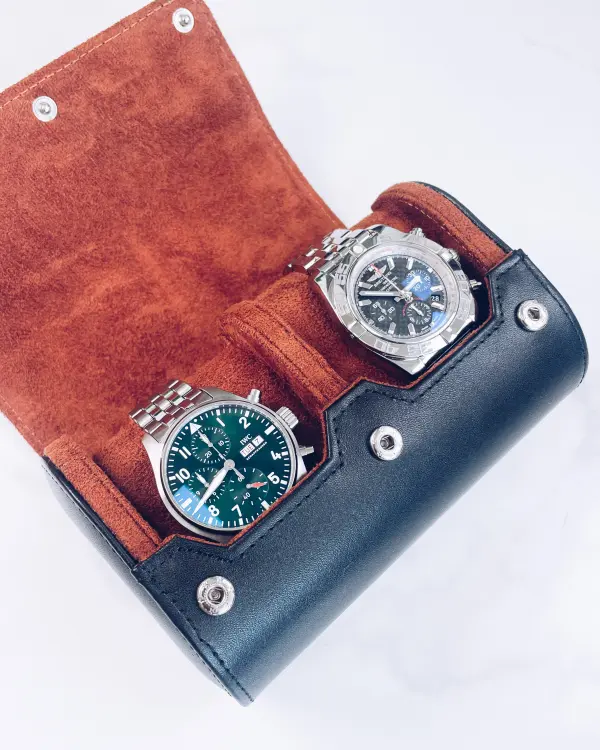 Black and tan double watch roll travel case