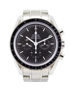 Omega Speedmaster Professional MoonWatch with a black dial, steel case and bracelet.