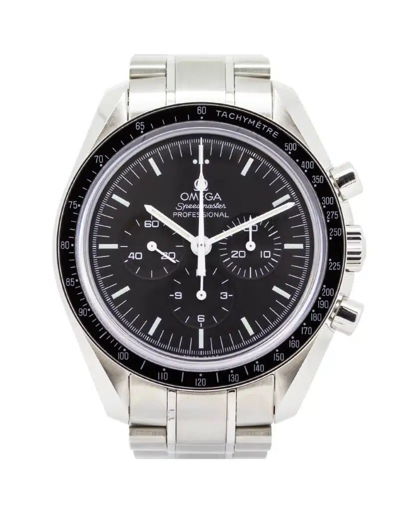 Omega Speedmaster Professional MoonWatch with a black dial, steel case and bracelet.