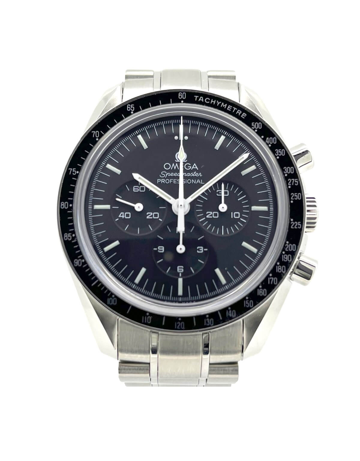 Omega Speedmaster Professional MoonWatch with a black dial, steel case and bracelet.