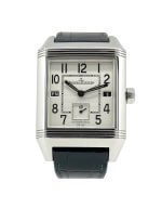 Jaeger LeCoultre Reverso Squadra Hometime men's reversible dial watch with a black leather strap.
