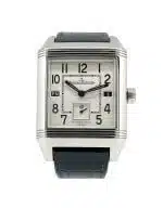 Jaeger LeCoultre Reverso Squadra Hometime men's reversible dial watch with a black leather strap.