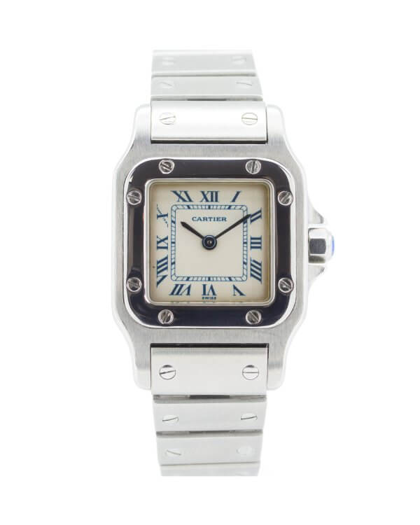 Cartier Santos Galbee 1565 24mm Ladies watch with a stainless steel case and bracelet and ivory colour dial.