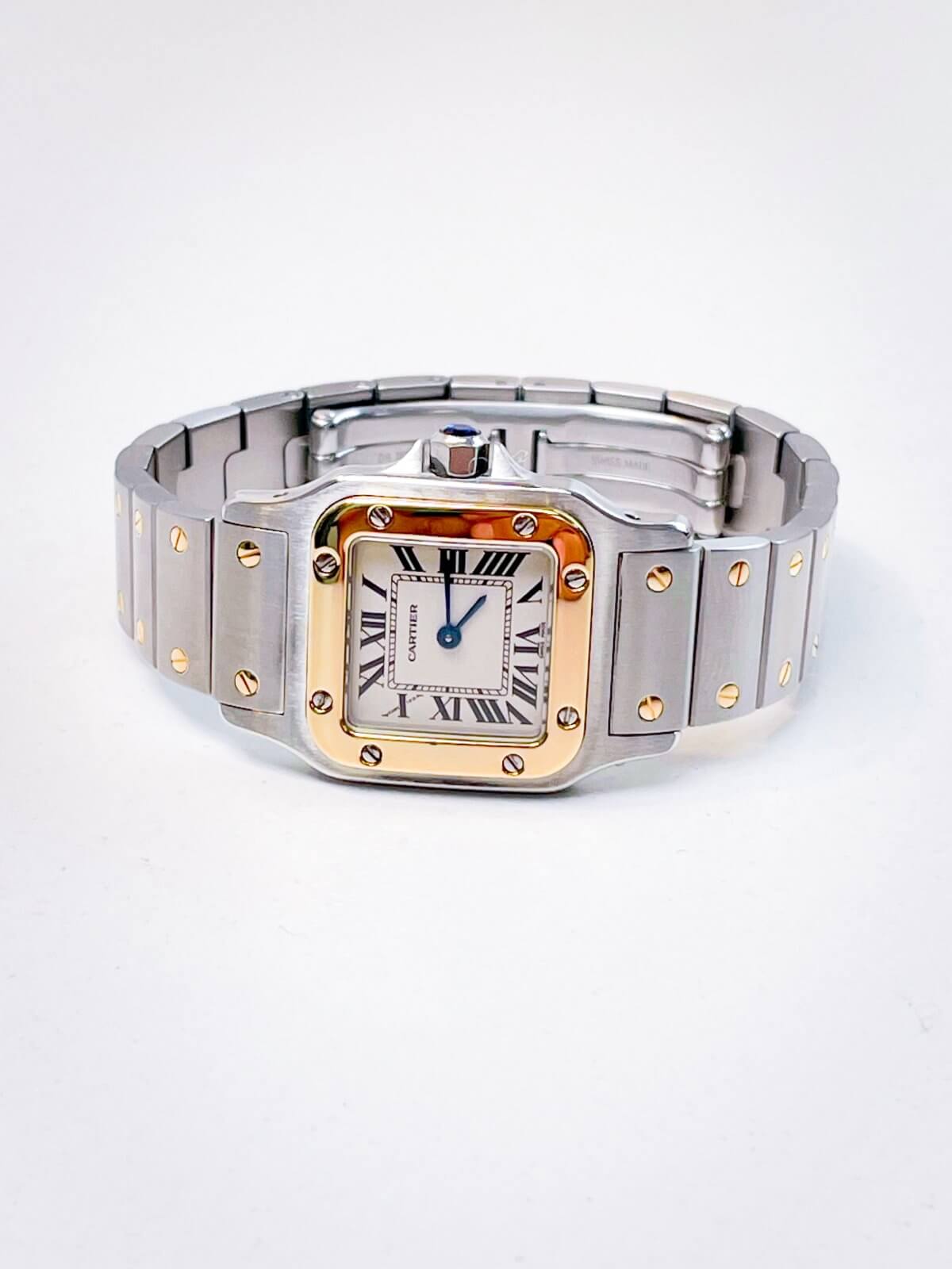 Cartier Santos Galbee 1567 18ct Gold Ladies watch with an ivory dial, gold bezel and steel bracelet