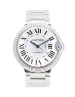 Cartier Ballon Bleu W6920046, silver dial, stainless watch with a diamond bezel.