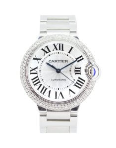 Cartier Ballon Bleu W6920046, silver dial, stainless watch with a diamond bezel.