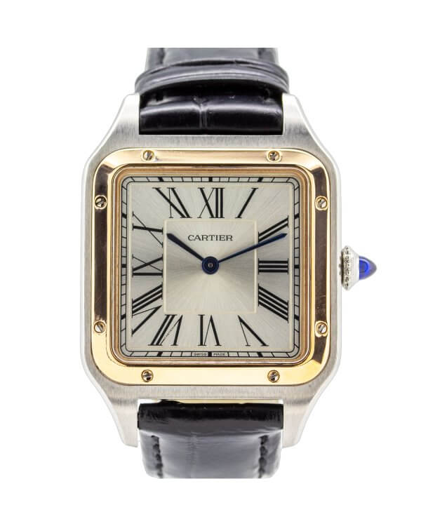 Cartier Santos Dumont W2SA0011 unisex watch, steel and rose gold with a black crocodile strap.