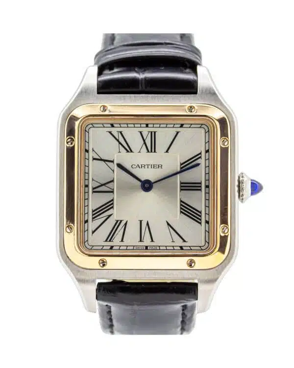 Cartier Santos Dumont W2SA0011 unisex watch, steel and rose gold with a black crocodile strap.