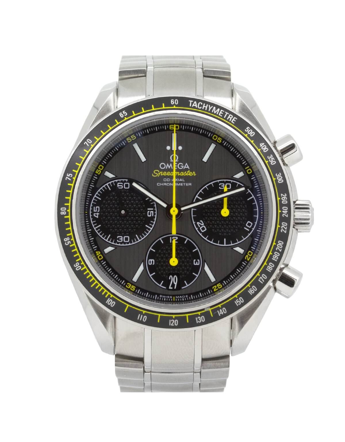 Omega Speedmaster Racing 40mm 326.30.40.50.06.001 mens watch with a grey dial and steel bracelet.