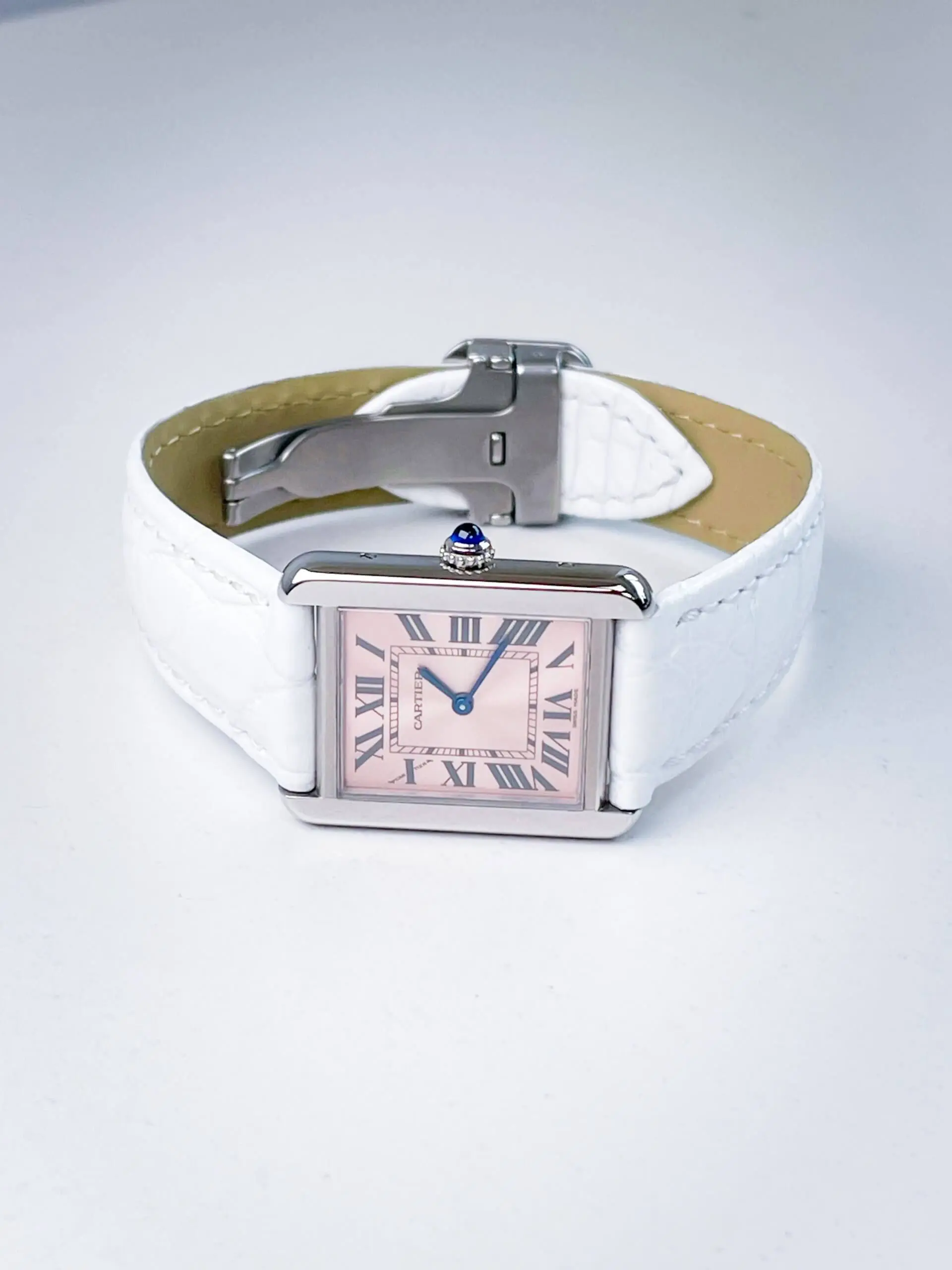 Cartier Tank Solo 3170 24mm x 31mm Ladies Cartier Tank Solo Ladies pink dial watch with a white leather strap