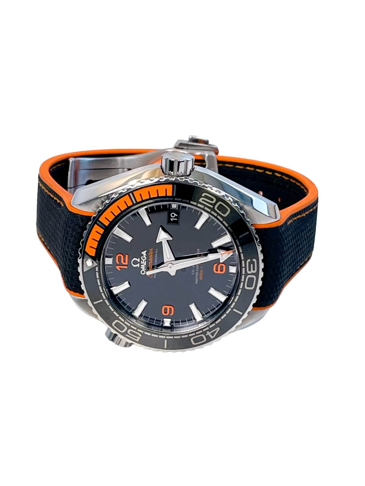 Omega Seamaster Planet Ocean 44mm watch with a black dial, ceramic bezel, black and orange rubber strap