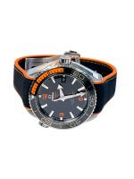 Omega Seamaster Planet Ocean 44mm watch with a black dial, ceramic bezel, black and orange rubber strap