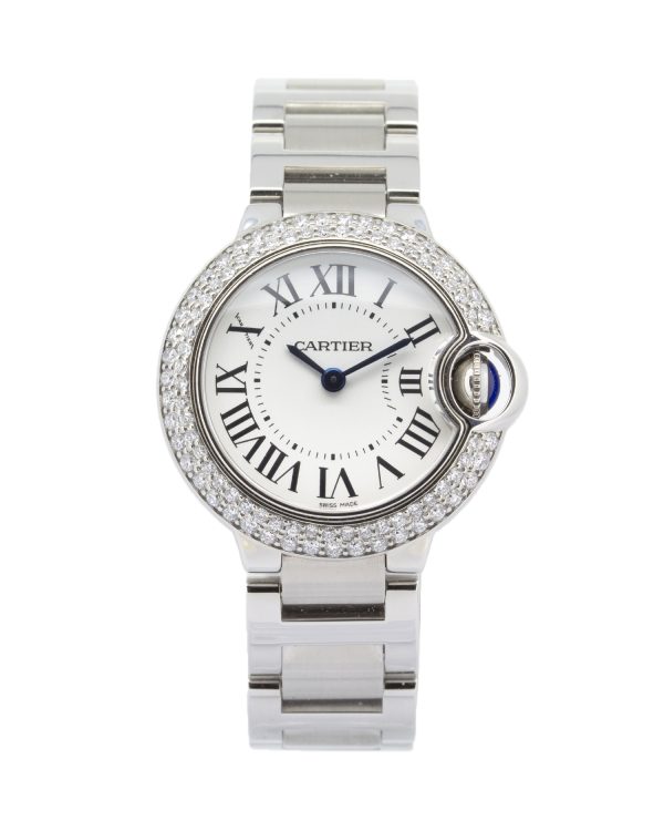 Cartier Ballon Bleu W69010Z4 28mm Diamond bezel, silver dial, steel bracelet