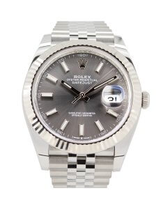 Grey Rhodium dial Rolex Datejust 126334 with a fluted bezel and jubilee bracelet.