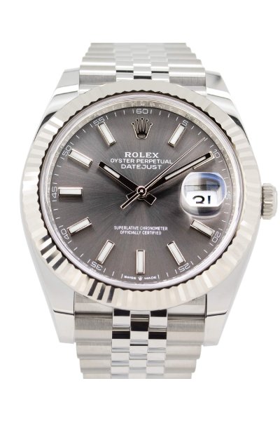 Grey Rhodium dial Rolex Datejust 126334 with a fluted bezel and jubilee bracelet.