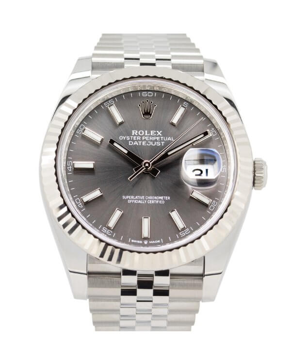 Grey Rhodium dial Rolex Datejust 126334 with a fluted bezel and jubilee bracelet.