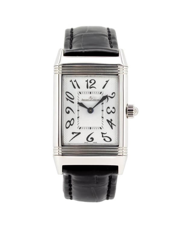 Jaeger LeCoultre Reverso Duetto Q2568402 ladies watch with reversible silver and black dials, black crocodile leather strap.