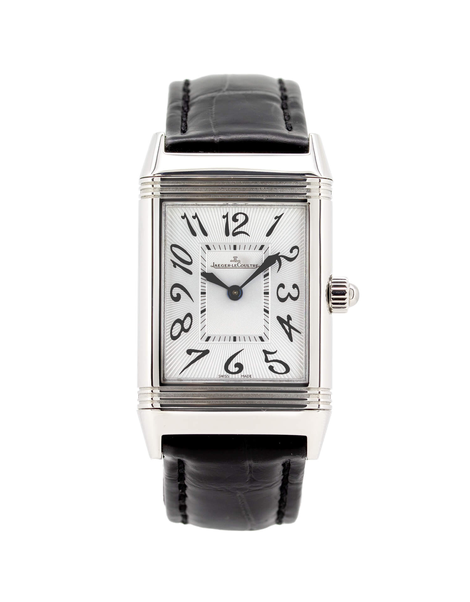 Jaeger LeCoultre Reverso Duetto Q2568402 23mm x 38mm Jaeger LeCoultre Reverso Duetto Q2568402 ladies watch with reversible silver and black dials, black crocodile leather strap.